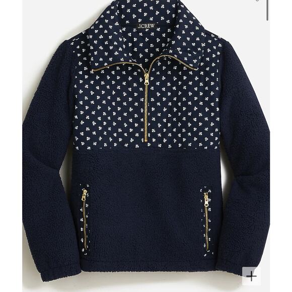 J. Crew Oversized Quilted Navy & White‎ Sherpa Fleece Half-Zip Pullover Size XXS - Picture 1 of 11